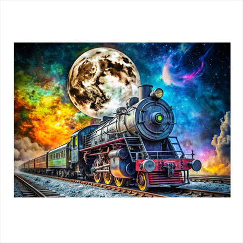 Dolunay Ve Buharlı Tren Dekoratif Mdf Tablo 35 cm x 50 cm