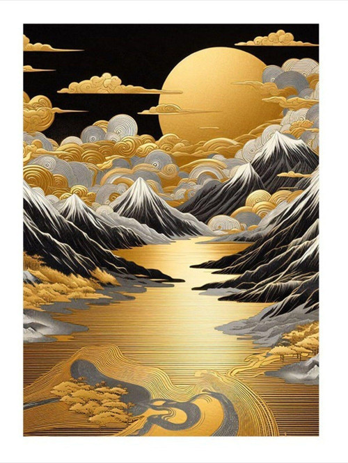 Dağlar Ve Desenli Bulutlar Desenli Ahşap Tablo 35 cm x 50 cm