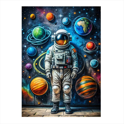 Astronot Ve Gezegenler Dekoratif ahşap Tablo 50 cm x 70 cm