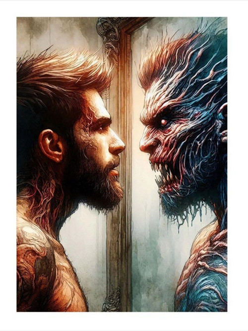 Aynadaki Adam Ve Korkunç Yansıması Modern Ahşap Tablo 50 cm x 70 cm