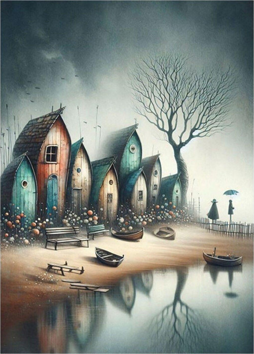 Göl Kenarındaki Evler Modern Ahşap Tablo 35 cm x 50 cm