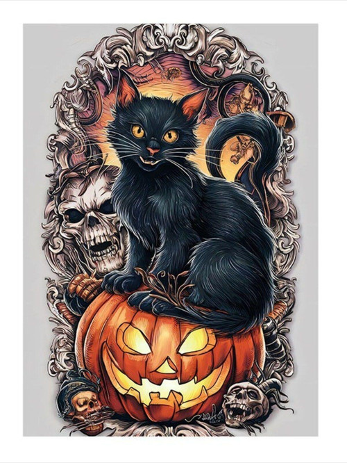 Hallowen Siyah Kedi Bal Kabağı Desenli Ahşap Tablo 35 cm x 50 cm