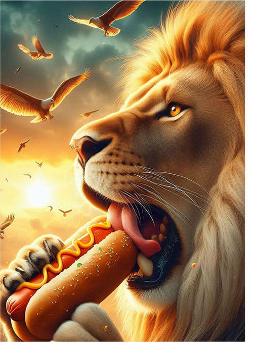 Hotdog Yiyen Aslan Dekoratif ahşap Tablo 35 cm x 50 cm