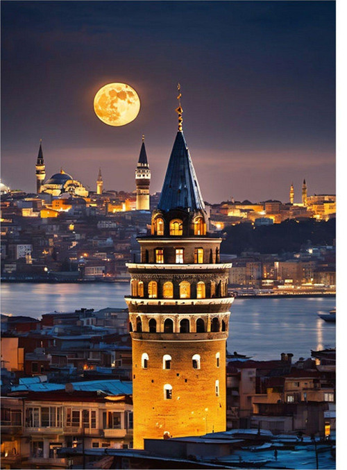 Galata Kulesi Ve Ay Dekoratif ahşap Tablo 50 cm x 70 cm