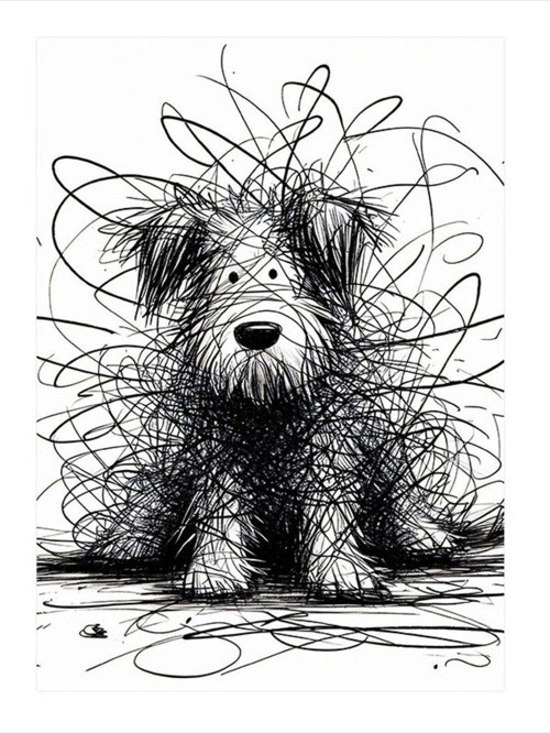 Karakalem Sevimli Köpek Dekoratif ahşap Tablo 50 cm x 70 cm