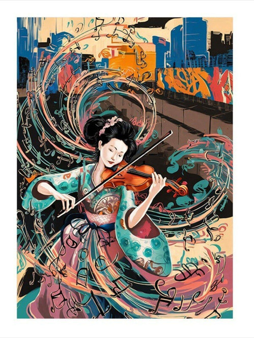 Keman Çalan Japon Kadın Dekoratif ahşap Tablo 35 cm x 50 cm