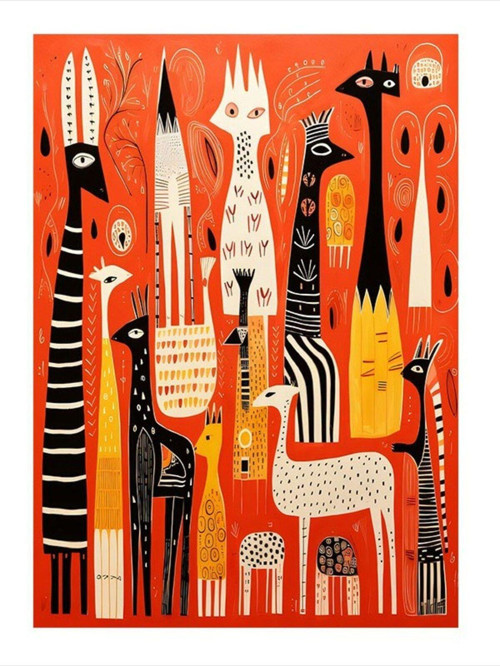 Kırmızı Arka Fon Ve Hayvanlar Tasarım Ahşap Tablo 50 cm x 70 cm