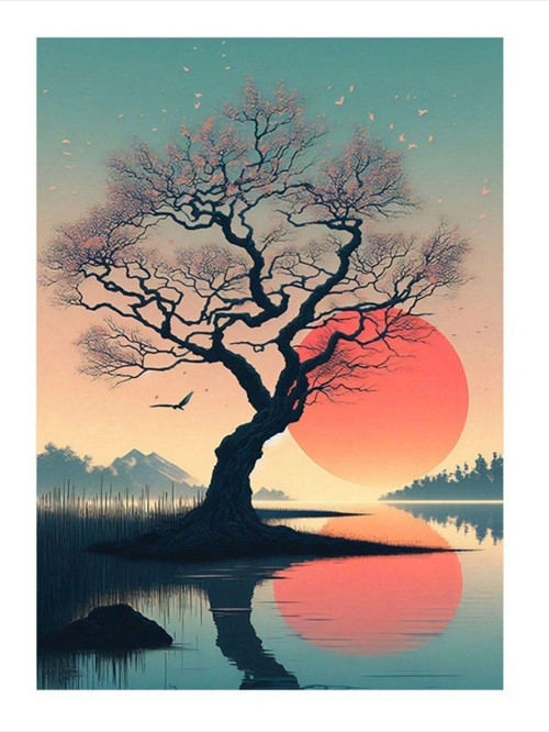 Kırmızı Dolunay Ve Göldeki Ağaç Tasarım Ahşap Tablo 35 cm x 50 cm