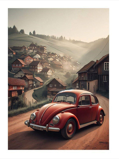 Kırmızı Retro Kaplumbağa Araba Dekoratif ahşap Tablo 50 cm x 70 cm
