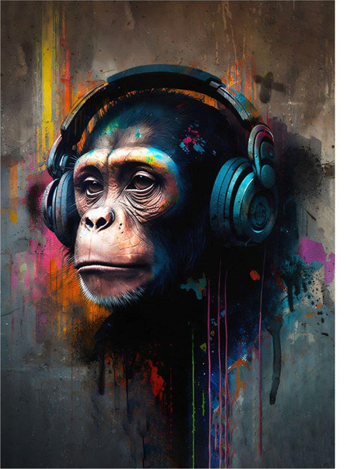Kulaklıkla Müzik Dinleyen Maymun Hediyelik Ahşap Tablo 35 cm x 50 cm