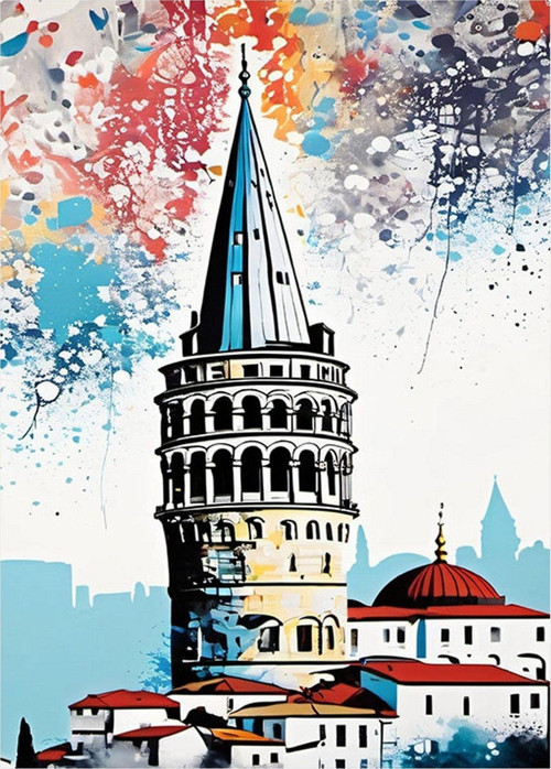 Renkli Fon Galata Kulesi Tasarım Ahşap Tablo 35 cm x 50 cm