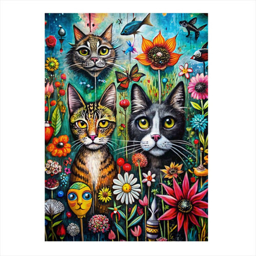 Sevimli Kediler Ve Çiçekler Dekoratif ahşap Tablo 35 cm x 50 cm