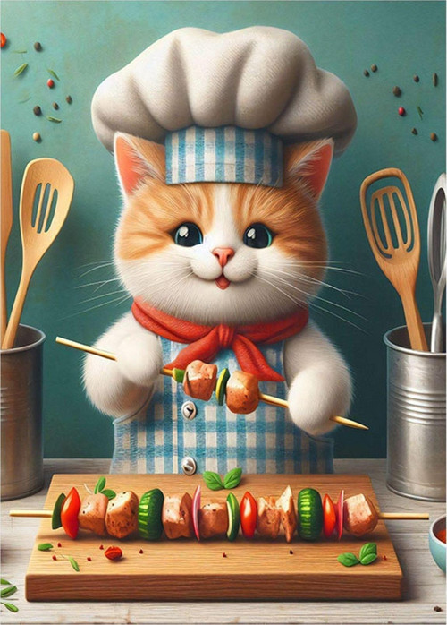 Şiş Kebap Yapan Sevimli Kedi Dekoratif ahşap Tablo 50 cm x 70 cm