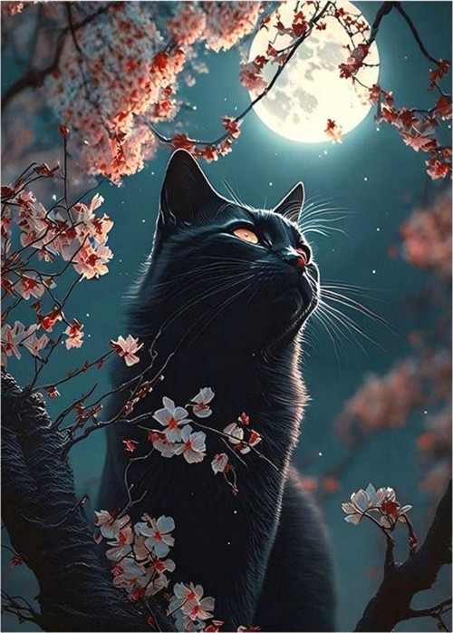 Siyah Kedi Ve Ay Tasarım Ahşap Tablo 50 cm x 70 cm
