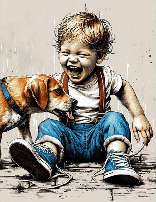 Sevimli Çocuk Ve Köpeği Desenli Ahşap Tablo 50 cm x 70 cm