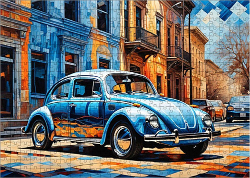Ahşap Mdf Puzzle Yapboz Mavi Retro Kaplumbağa Araba 500 Parça 50 x 70 cm