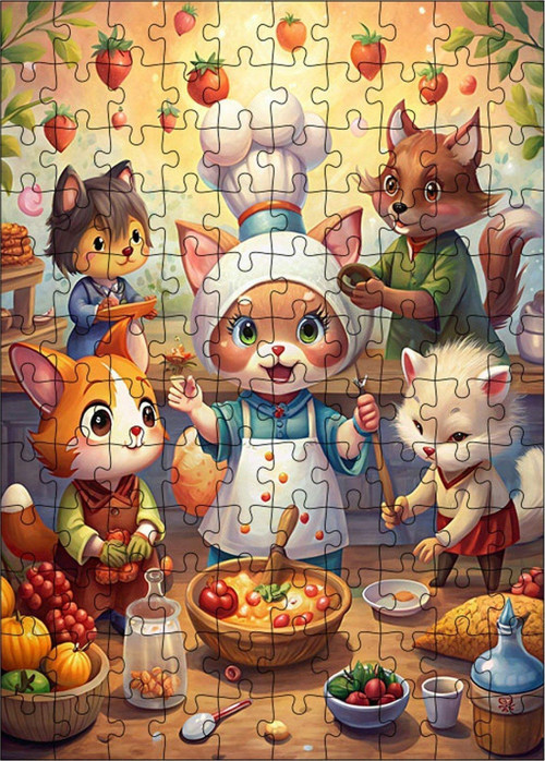 Ahşap Mdf Puzzle Yapboz Kedi Ailesi Mutfakta Yemek 120 Parça 25 x 35 cm