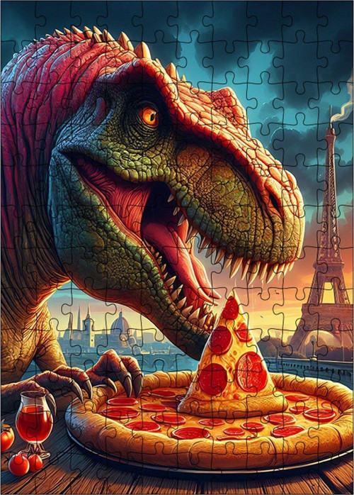 Ahşap Mdf Puzzle Yapboz Pizza Yiyen Dinazor 120 Parça 25 x 35 cm