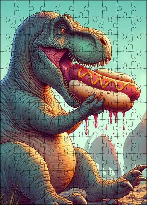 Ahşap Mdf Puzzle Yapboz Hotdog Yiyen Sevimli Dinazor 120 Parça 25 x 35 cm