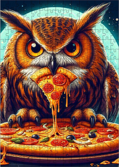 Ahşap Mdf Puzzle Yapboz Pizza Yiyen Baykuş 255 Parça 35 x 50 cm
