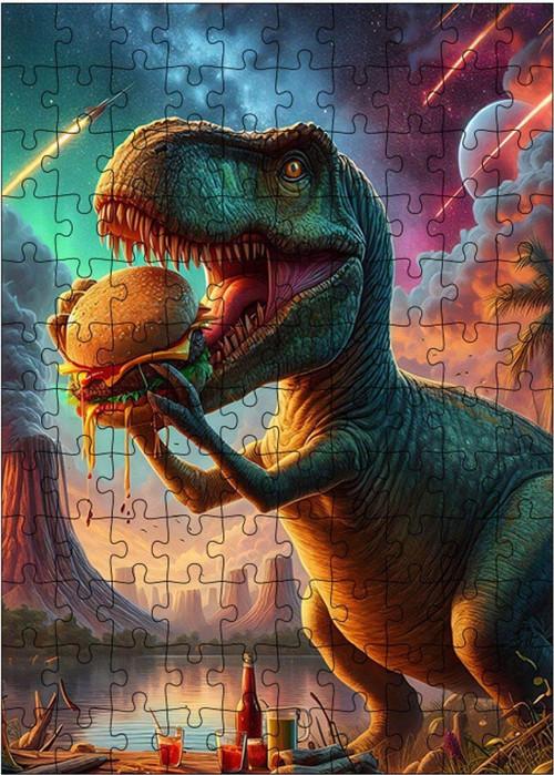Ahşap Mdf Puzzle Yapboz Hamburger Yiyen Dinozor 120 Parça 25 x 35 cm