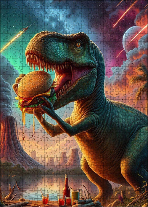 Ahşap Mdf Puzzle Yapboz Hamburger Yiyen Dinozor 500 Parça 50 x 70 cm