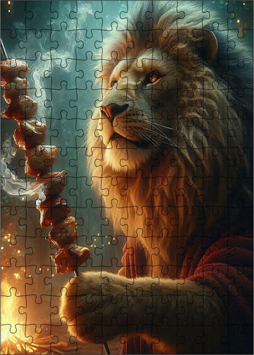 Ahşap Mdf Puzzle Yapboz Şiş Kebap Yapan Aslan 120 Parça 25 x 35 cm