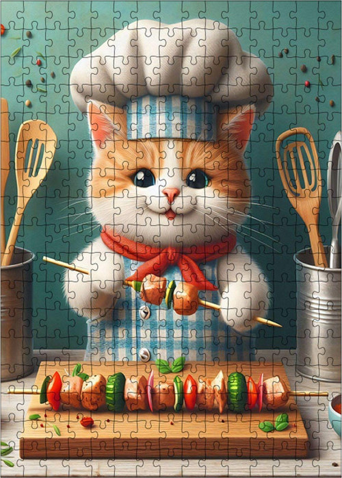 Ahşap Mdf Puzzle Yapboz Şiş Kebap Yapan Sevimli Kedi 255 Parça 35 x 50 cm
