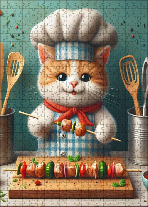 Ahşap Mdf Puzzle Yapboz Şiş Kebap Yapan Sevimli Kedi 500 Parça 50 x 70 cm