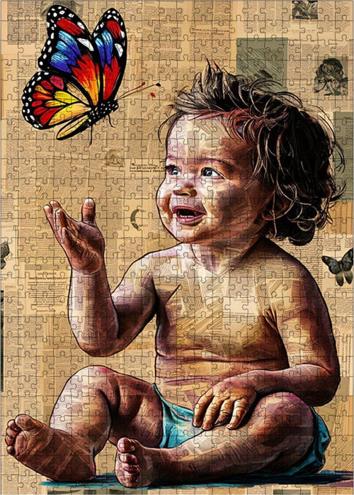 Ahşap Mdf Puzzle Yapboz Renkli Kelebekli Bebek 500 Parça 50 x 70 cm