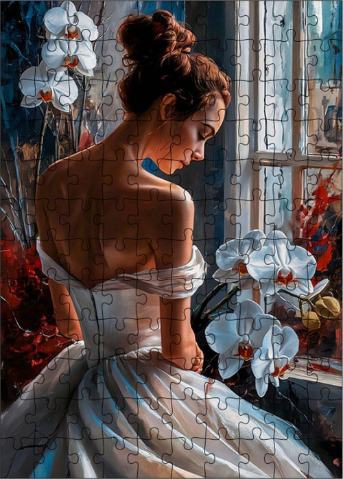 Ahşap Mdf Puzzle Yapboz Gelin Ve Beyaz Orkideler 120 Parça 25 x 35 cm