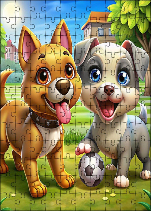 Ahşap Mdf Puzzle Yapboz Sevimli Köpekler Futbol Oynuyor 120 Parça 25 x 35 cm
