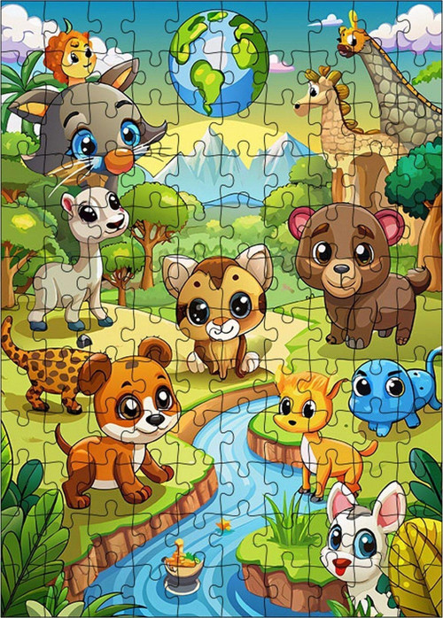 Ahşap Mdf Puzzle Yapboz Nehir Kenarındaki Sevimli Hayvanlar 120 Parça 25 x 35 cm