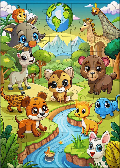 Tablomega Ahşap Mdf Puzzle Yapboz Nehir Kenarındaki Sevimli Hayvanlar 50 Parça 35 x 50 cm