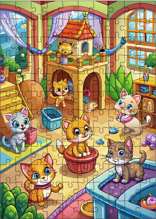 Ahşap Mdf Puzzle Yapboz Sevimli Kedi Ailesi Ve Yuvaları 120 Parça 25 x 35 cm