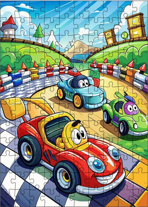 Ahşap Mdf Puzzle Yapboz Sevimli Kırmızı Yarış Arabası 120 Parça 25 x 35 cm
