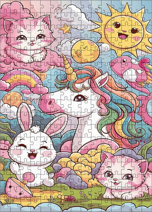 Ahşap Mdf Puzzle Yapboz Unicorn Kedi Ve Tavşan 255 Parça 35 x 50 cm