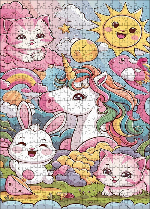 Ahşap Mdf Puzzle Yapboz Unicorn Kedi Ve Tavşan 500 Parça 50 x 70 cm