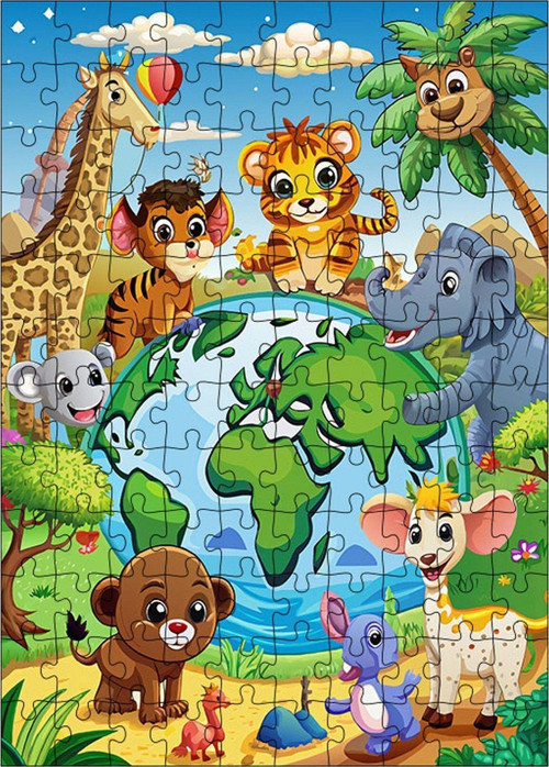 Ahşap Mdf Puzzle Yapboz Dünya Ve Sevimli Hayvanlar 120 Parça 25 x 35 cm