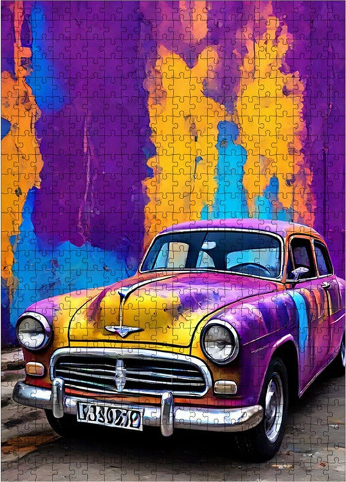 Ahşap Mdf Puzzle Yapboz Mor Sarı Klasik Araba 500 Parça 50 x 70 cm