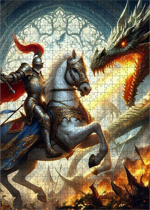 Ahşap Mdf Puzzle Yapboz Şövalye Ejderhaya Karşı 500 Parça 50 x 70 cm