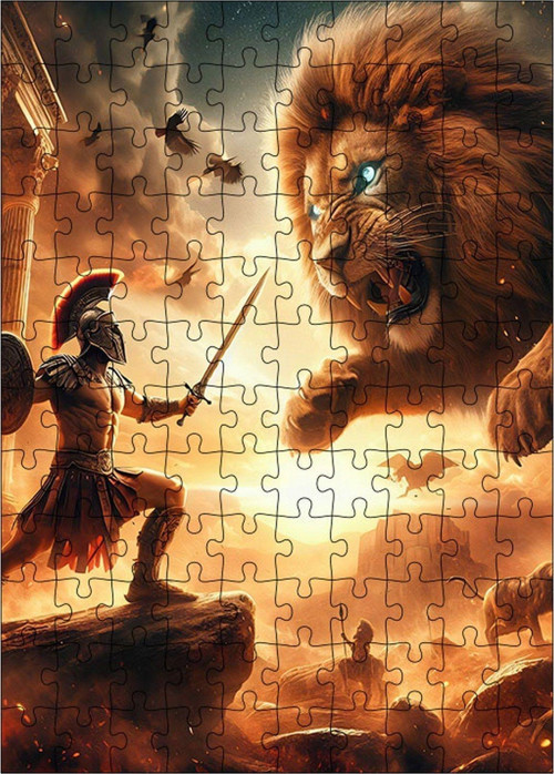 Ahşap Mdf Puzzle Yapboz Gladyatörle İle Aslan 120 Parça 25 x 35 cm