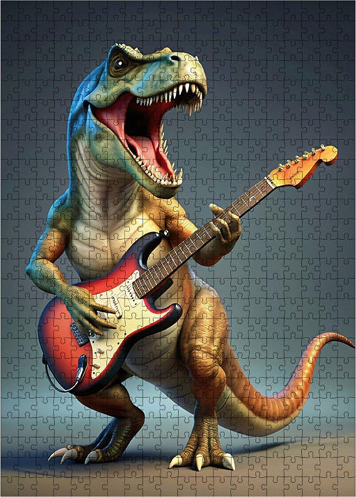 Ahşap Mdf Puzzle Yapboz Elektro Gitar Çalan Dinazor 500 Parça 50 x 70 cm