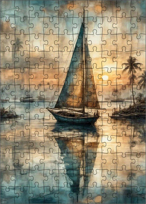 Ahşap Mdf Puzzle Yapboz Gün Batımı Ve Erken Kayık 120 Parça 25 x 35 cm