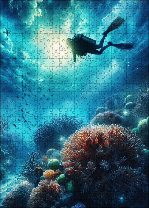 Ahşap Mdf Puzzle Yapboz Dalgıç Ve Mercanlar 500 Parça 50 x 70 cm