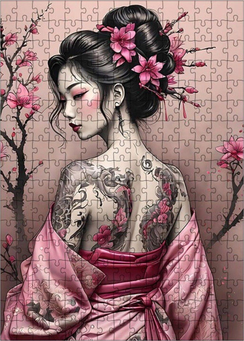 Ahşap Mdf Puzzle Yapboz Dövmeli Japon Kadın 255 Parça 35 x 50 cm