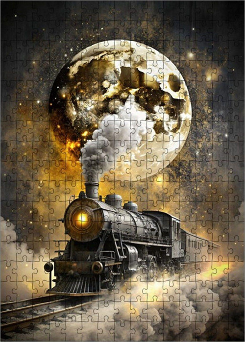 Ahşap Mdf Puzzle Yapboz Buharlı Tren Ve Dolunay 255 Parça 35 x 50 cm