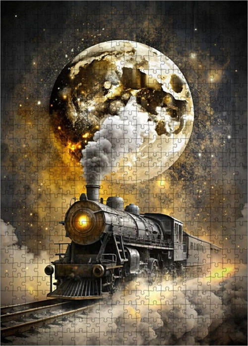 Ahşap Mdf Puzzle Yapboz Buharlı Tren Ve Dolunay 500 Parça 50 x 70 cm