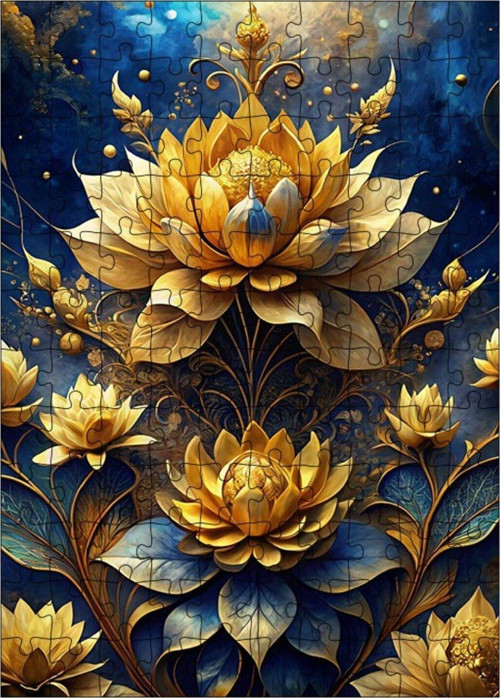 Ahşap Mdf Puzzle Yapboz Mavi Yapraklı Altın Çiçek 120 Parça 25 x 35 cm