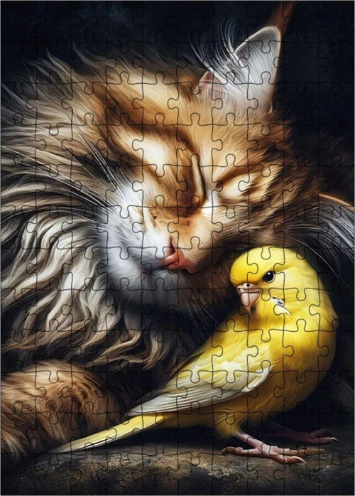 Ahşap Mdf Puzzle Yapboz Kanarya Ve Kedi 120 Parça 25 x 35 cm